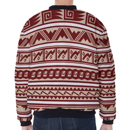 Red And Beige Southwestern Pattern Print Zip Sleeve Bomber Jacket