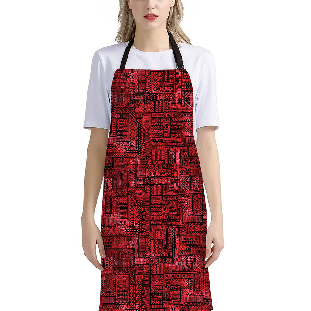 Red And Black African Ethnic Print Bib Apron With Pocket