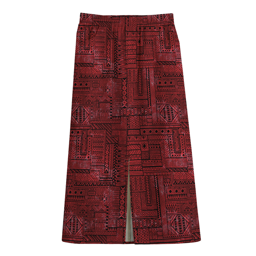 Red And Black African Ethnic Print Cotton Front Slit Maxi Skirt
