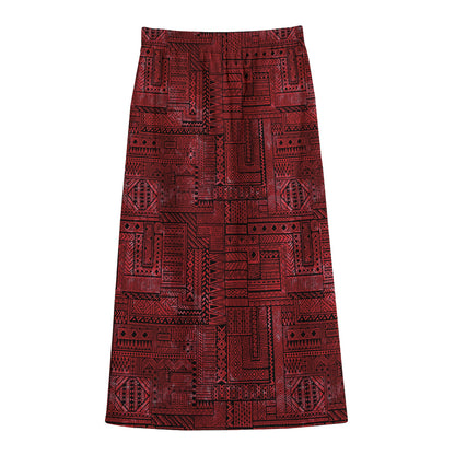 Red And Black African Ethnic Print Cotton Front Slit Maxi Skirt