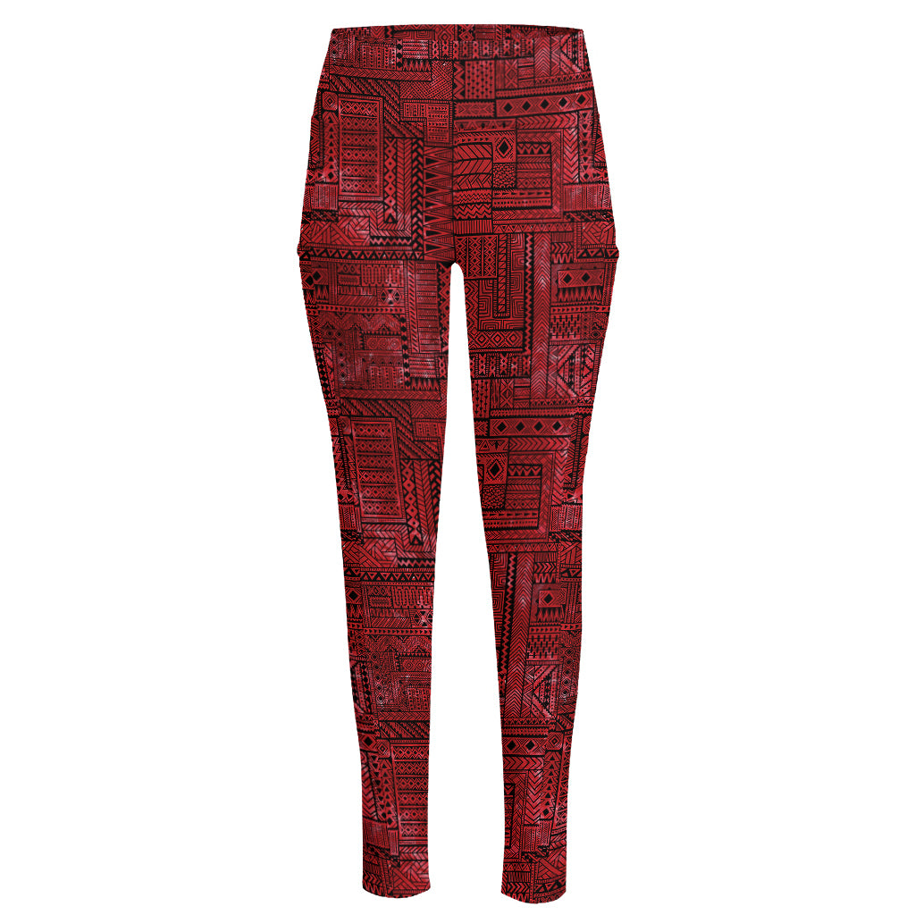 Red And Black African Ethnic Print High-Waisted Pocket Leggings