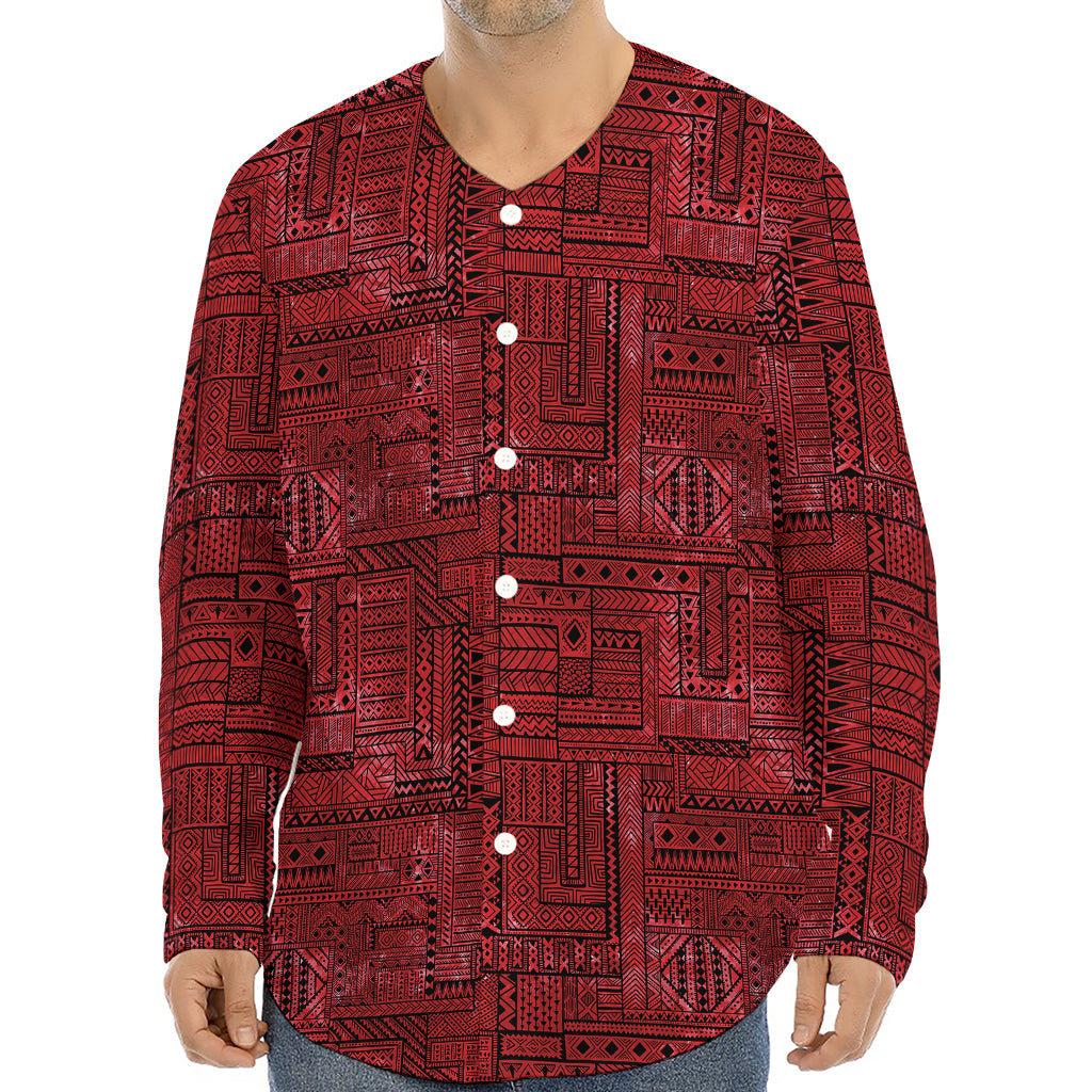 Red And Black African Ethnic Print Long Sleeve Baseball Jersey