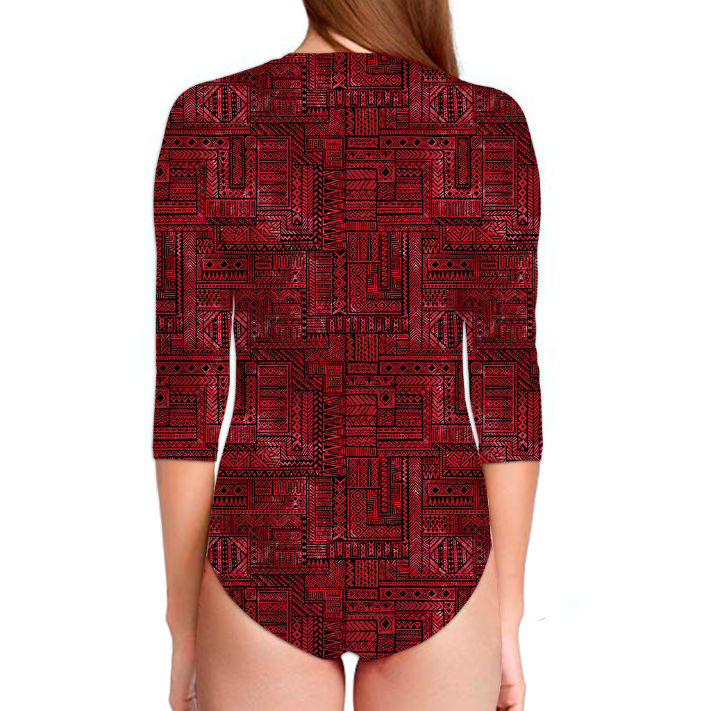 Red And Black African Ethnic Print Long Sleeve Swimsuit