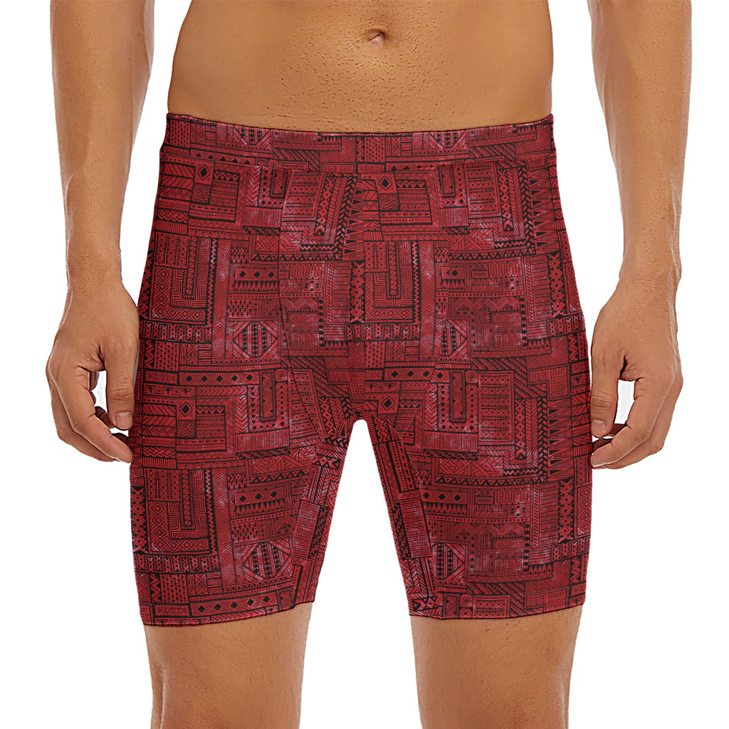 Red And Black African Ethnic Print Men's Long Boxer Briefs