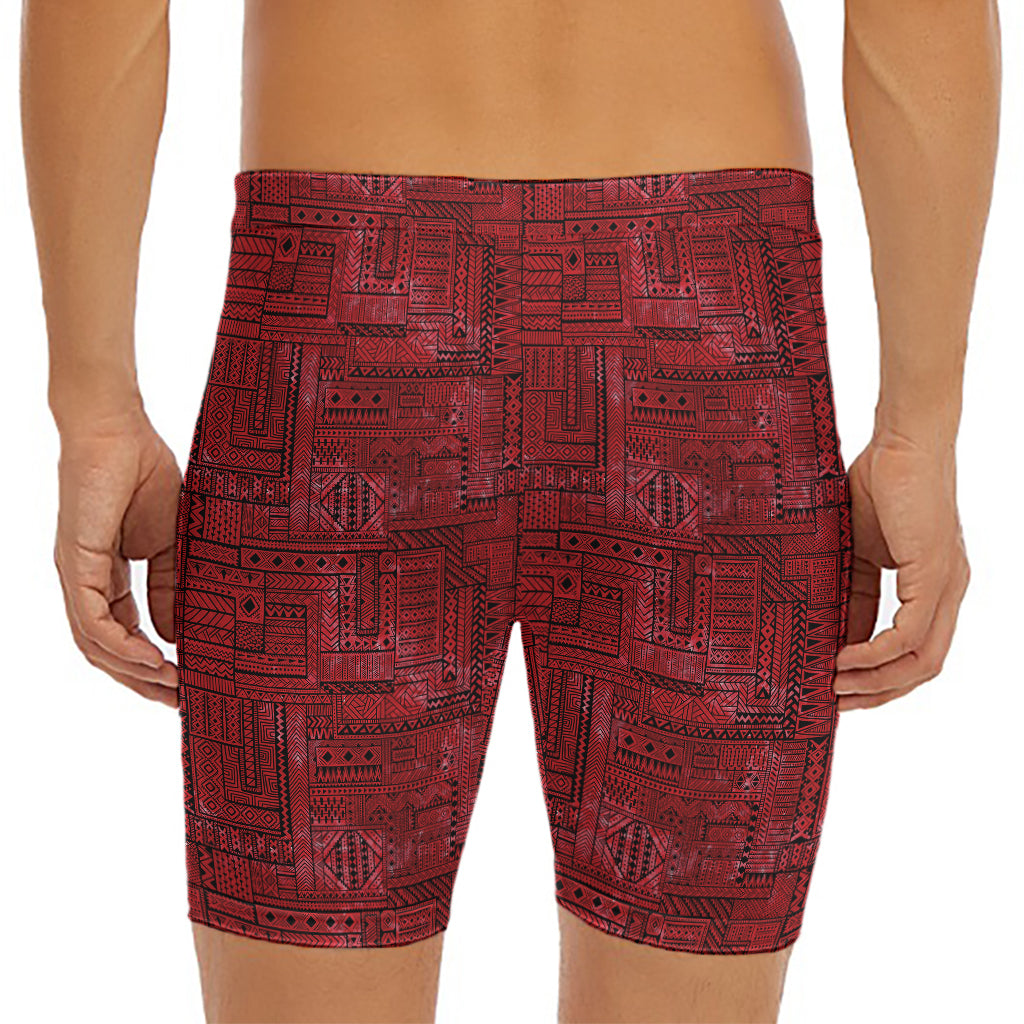 Red And Black African Ethnic Print Men's Long Boxer Briefs