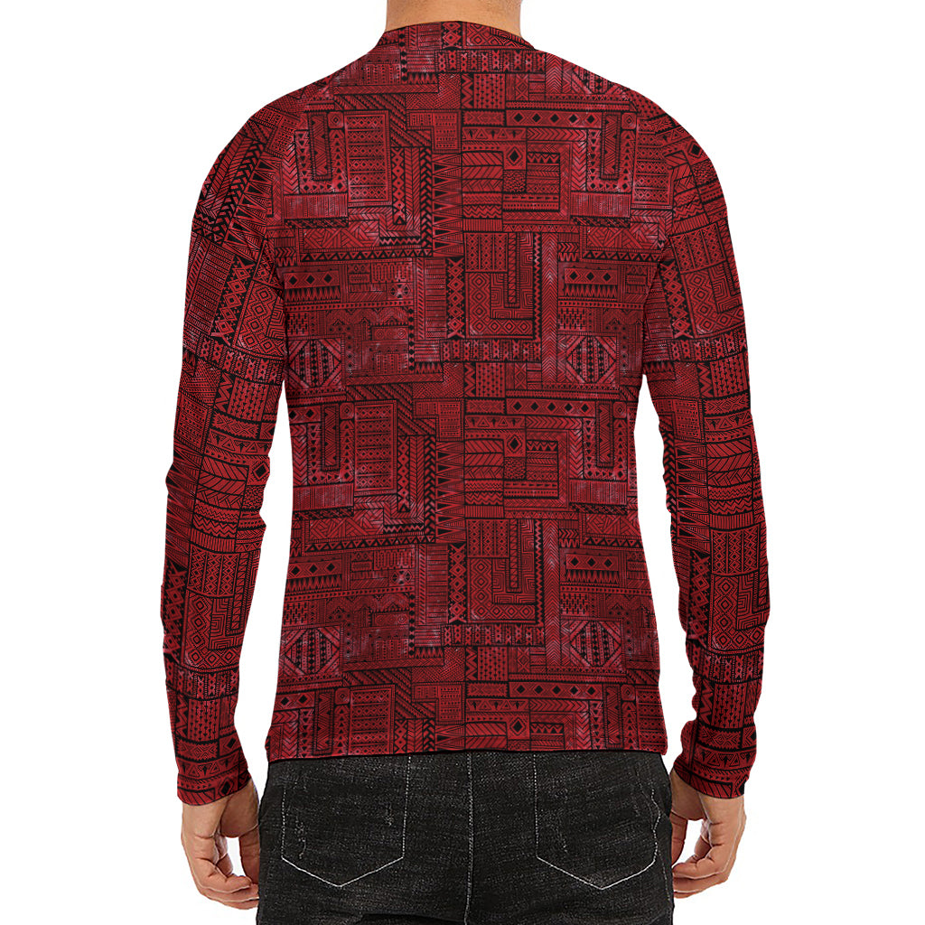 Red And Black African Ethnic Print Men's Long Sleeve Rash Guard