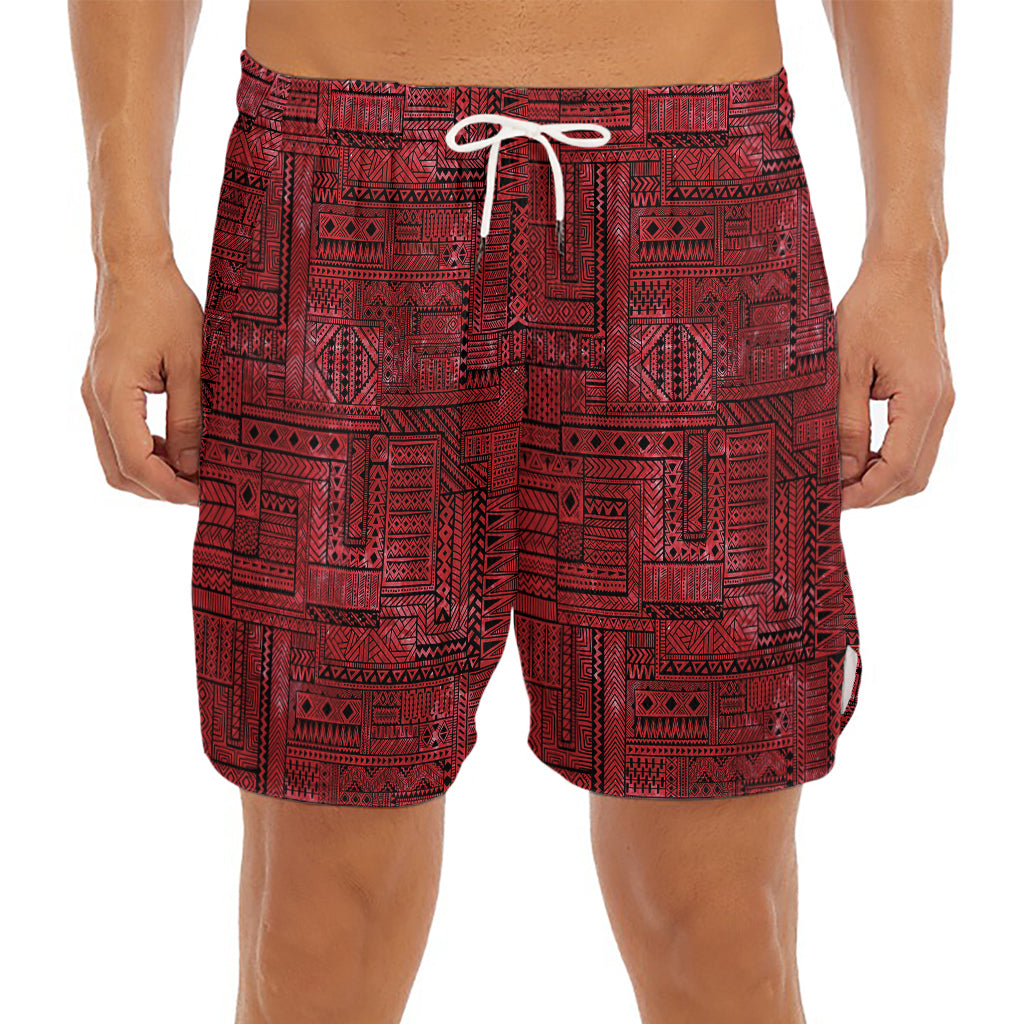Red And Black African Ethnic Print Men's Split Running Shorts