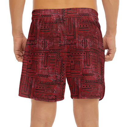Red And Black African Ethnic Print Men's Split Running Shorts