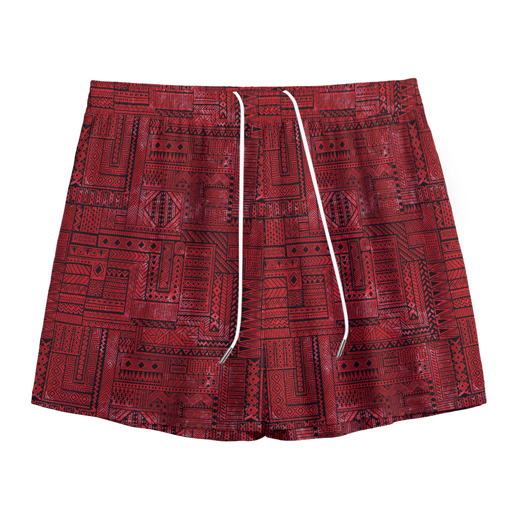 Red And Black African Ethnic Print Mesh Shorts
