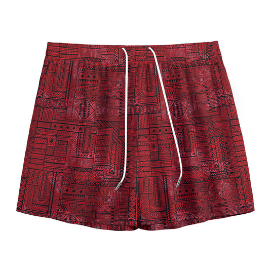 Red And Black African Ethnic Print Mesh Shorts
