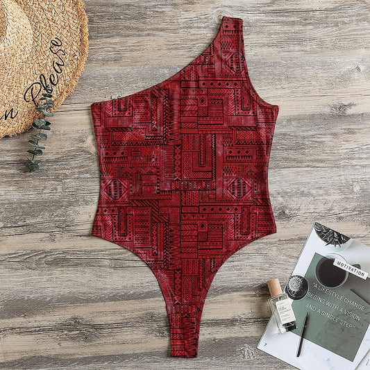 Red And Black African Ethnic Print One Shoulder Bodysuit