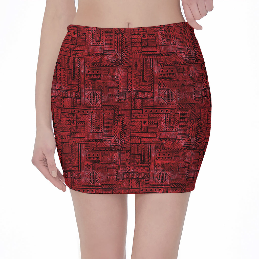 Red And Black African Ethnic Print Pencil Mini Skirt