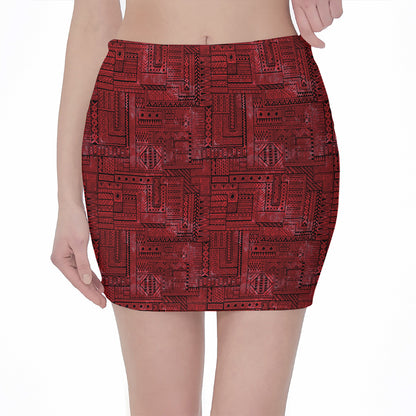 Red And Black African Ethnic Print Pencil Mini Skirt