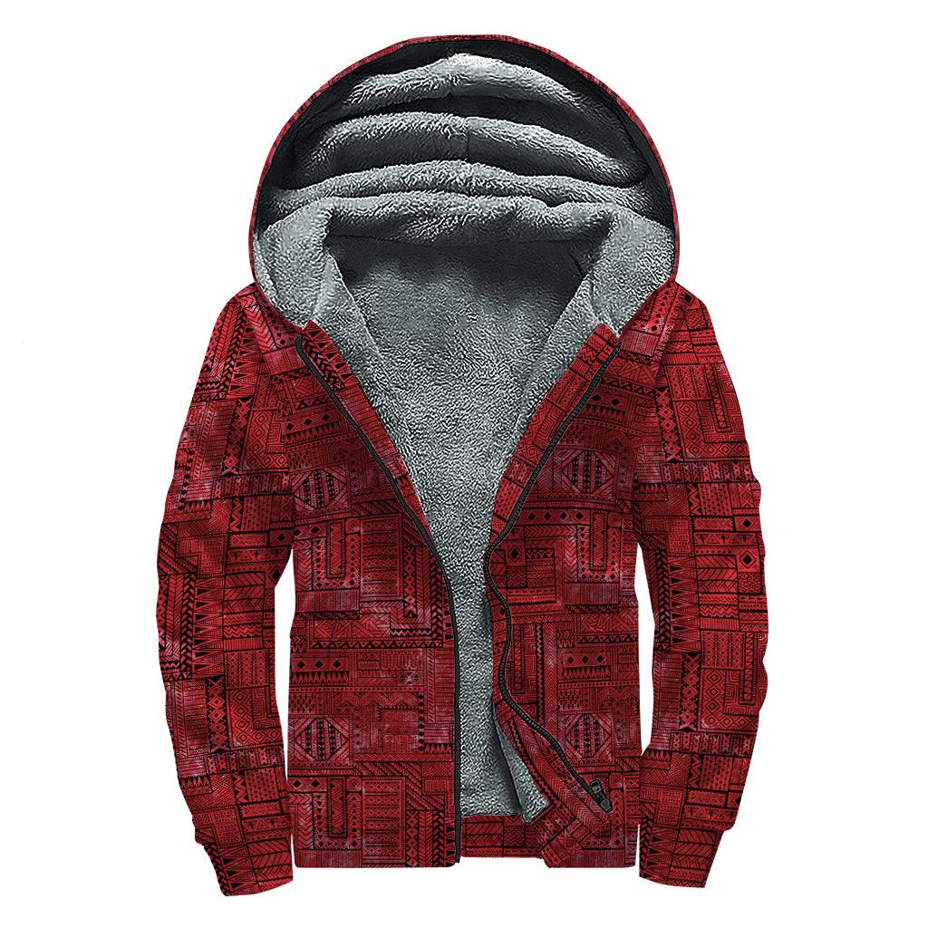 Red And Black African Ethnic Print Sherpa Lined Zip Up Hoodie