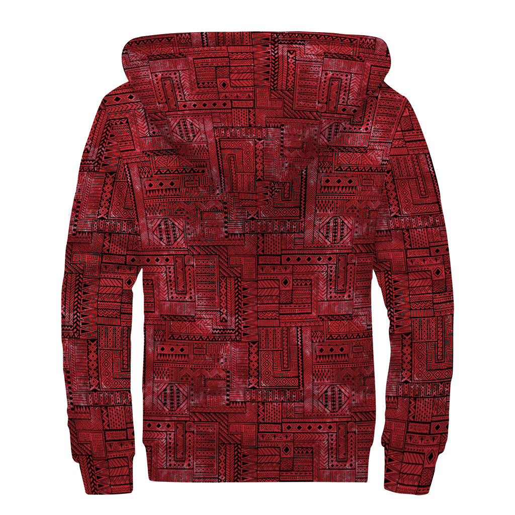 Red And Black African Ethnic Print Sherpa Lined Zip Up Hoodie
