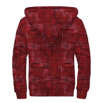 Red And Black African Ethnic Print Sherpa Lined Zip Up Hoodie