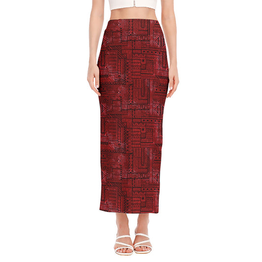 Red And Black African Ethnic Print Side Slit Maxi Skirt