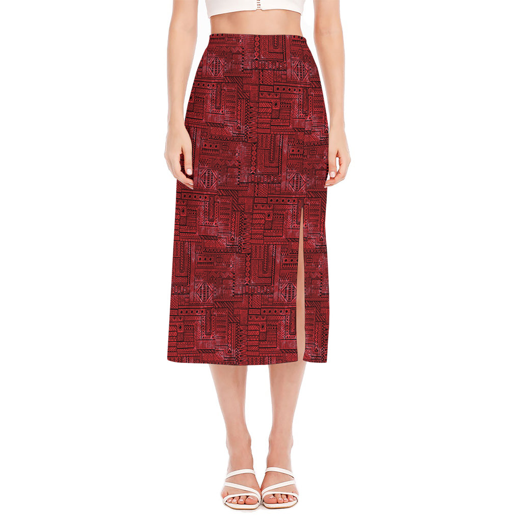 Red And Black African Ethnic Print Side Slit Midi Skirt