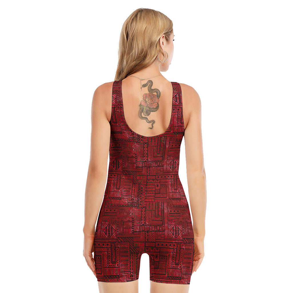 Red And Black African Ethnic Print Sleeveless One Piece Swimsuit