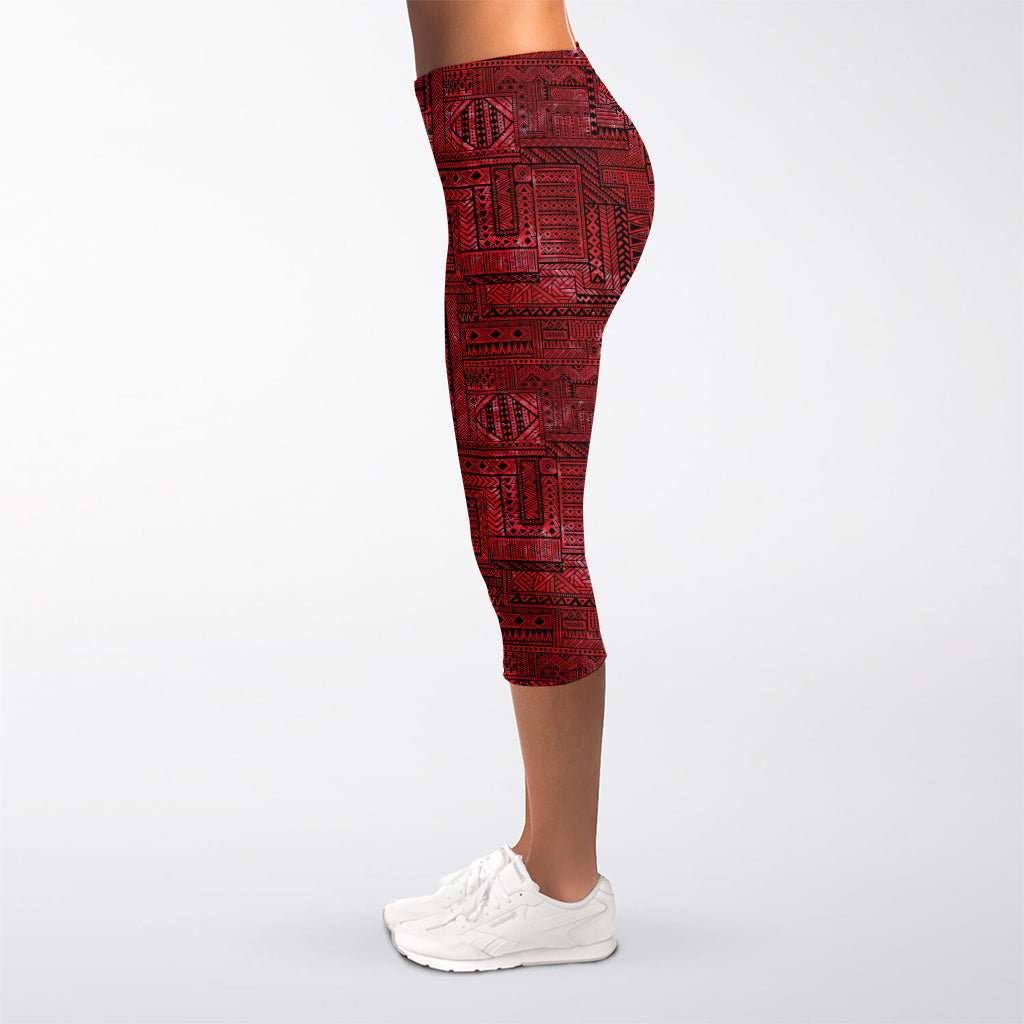 Red And Black African Ethnic Print Women's Capri Leggings