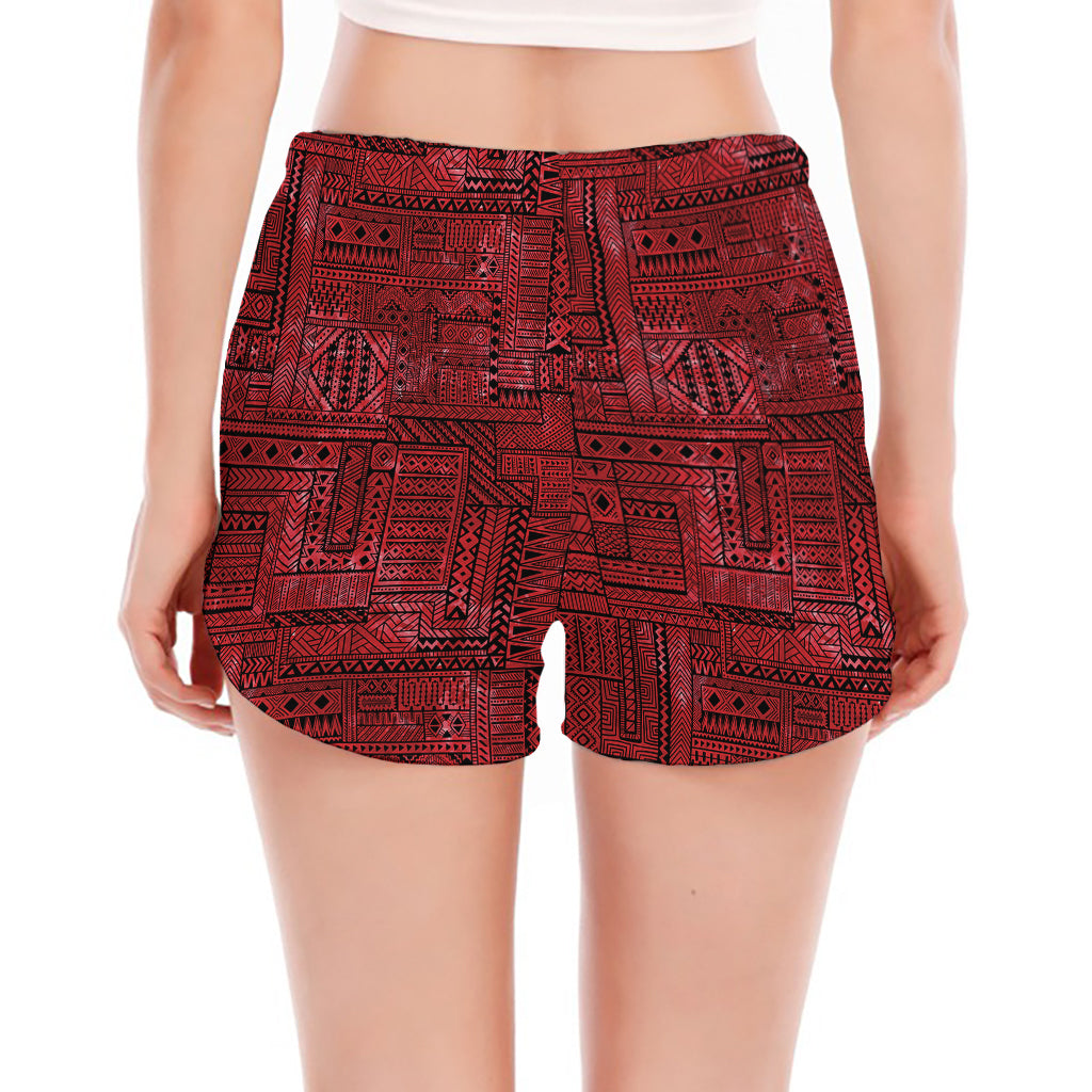 Red And Black African Ethnic Print Women's Split Running Shorts