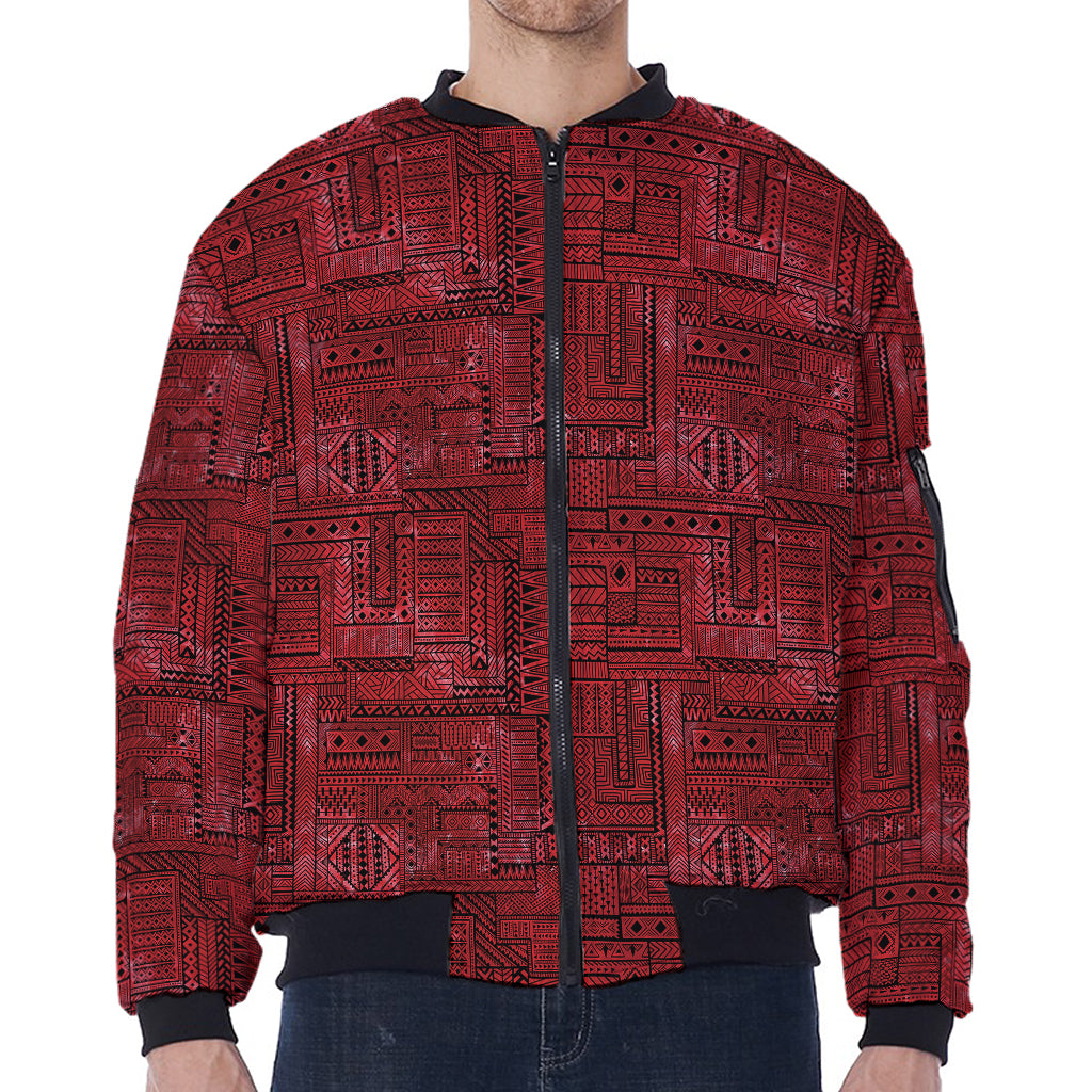 Red And Black African Ethnic Print Zip Sleeve Bomber Jacket
