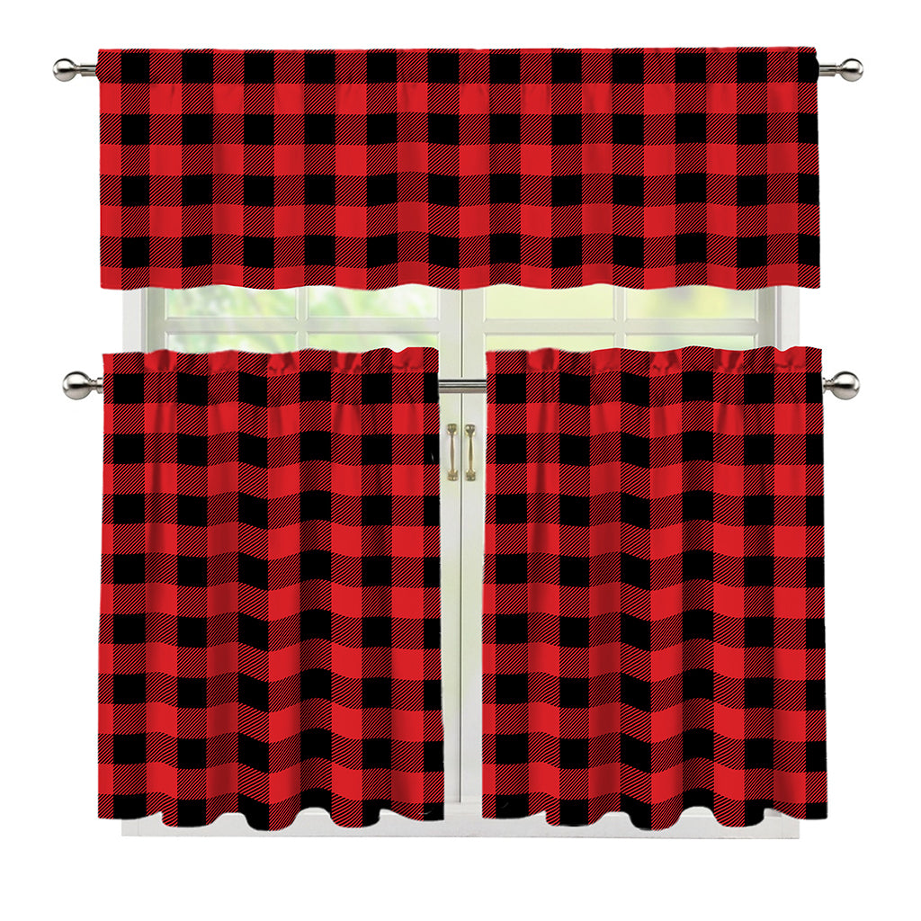 Red And Black Buffalo Check Print 3 Piece Kitchen Curtains