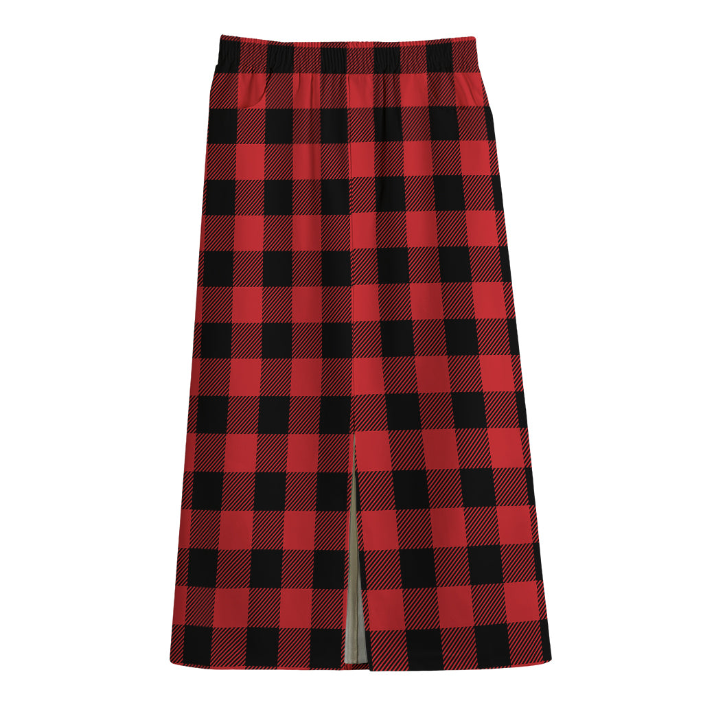 Red And Black Buffalo Check Print Cotton Front Slit Maxi Skirt