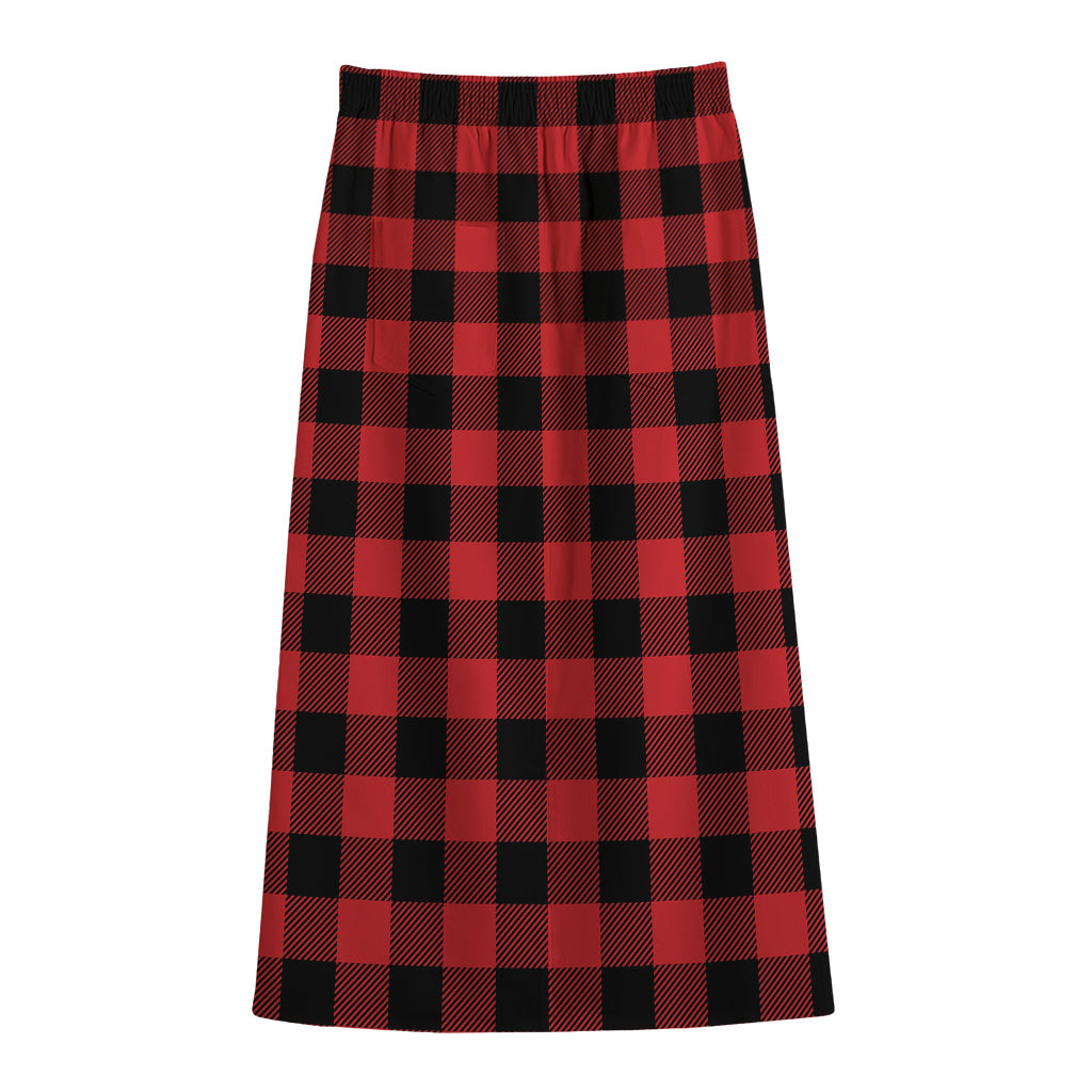 Red And Black Buffalo Check Print Cotton Front Slit Maxi Skirt