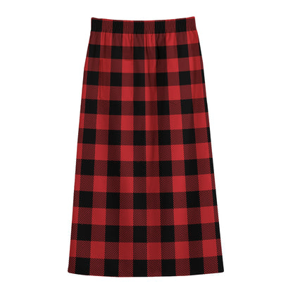 Red And Black Buffalo Check Print Cotton Front Slit Maxi Skirt