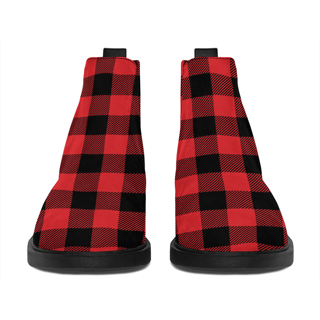 Red And Black Buffalo Check Print Flat Ankle Boots