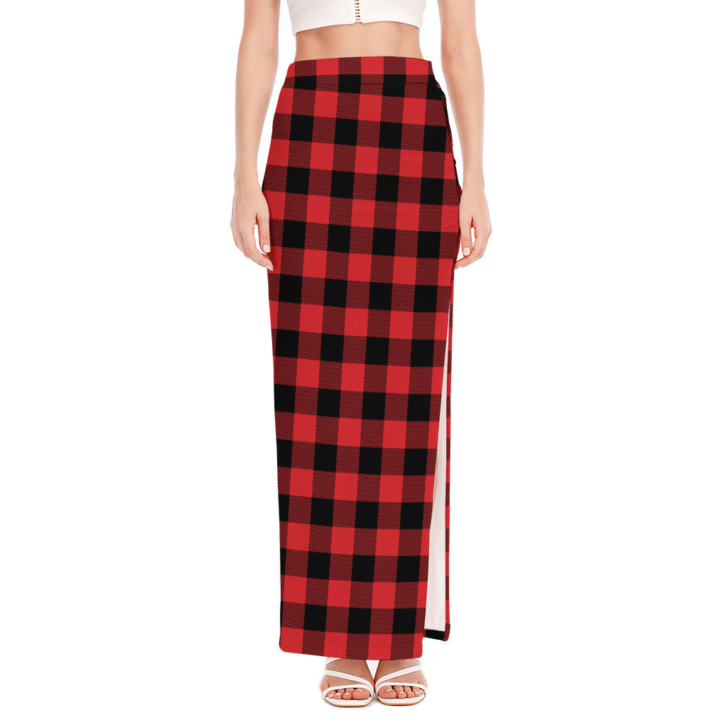 Red And Black Buffalo Check Print High Slit Maxi Skirt