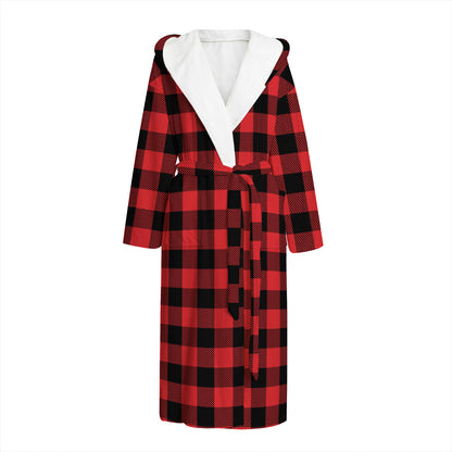 Red And Black Buffalo Check Print Hooded Bathrobe