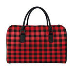 Red And Black Buffalo Check Print Leather Duffle Bag