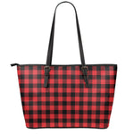 Red And Black Buffalo Check Print Leather Tote Bag