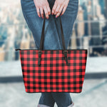 Red And Black Buffalo Check Print Leather Tote Bag