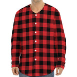 Red And Black Buffalo Check Print Long Sleeve Baseball Jersey