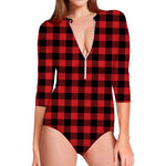Red And Black Buffalo Check Print Long Sleeve Swimsuit