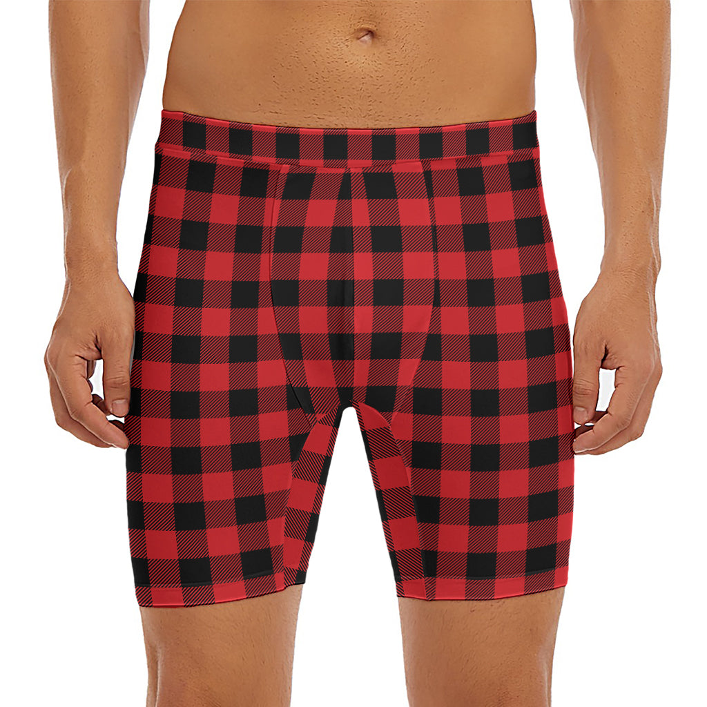 Red And Black Buffalo Check Print Men's Long Boxer Briefs
