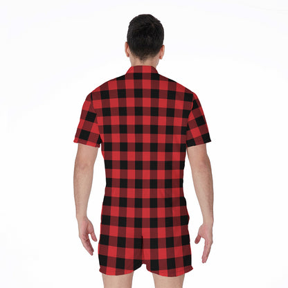 Red And Black Buffalo Check Print Men's Rompers