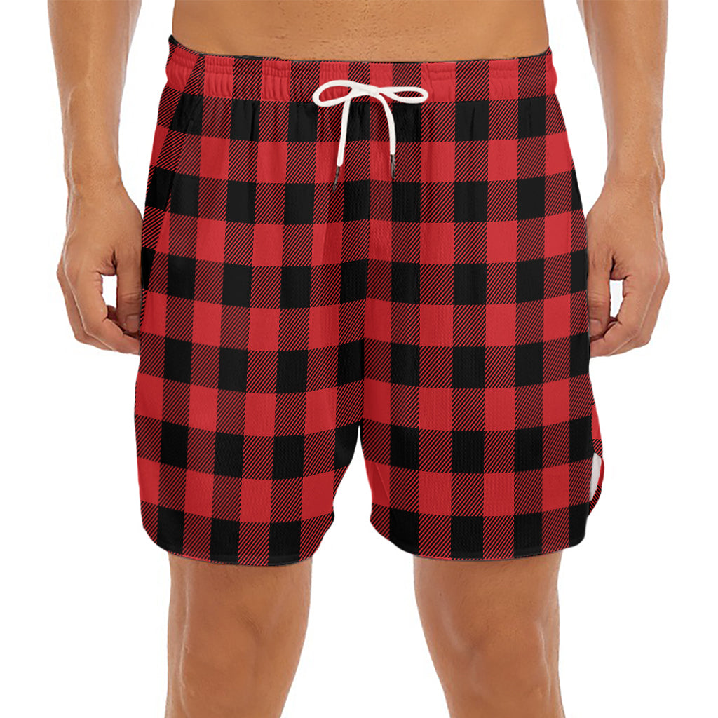 Red And Black Buffalo Check Print Men's Split Running Shorts