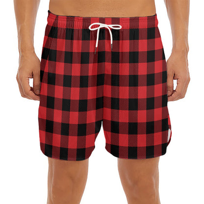 Red And Black Buffalo Check Print Men's Split Running Shorts