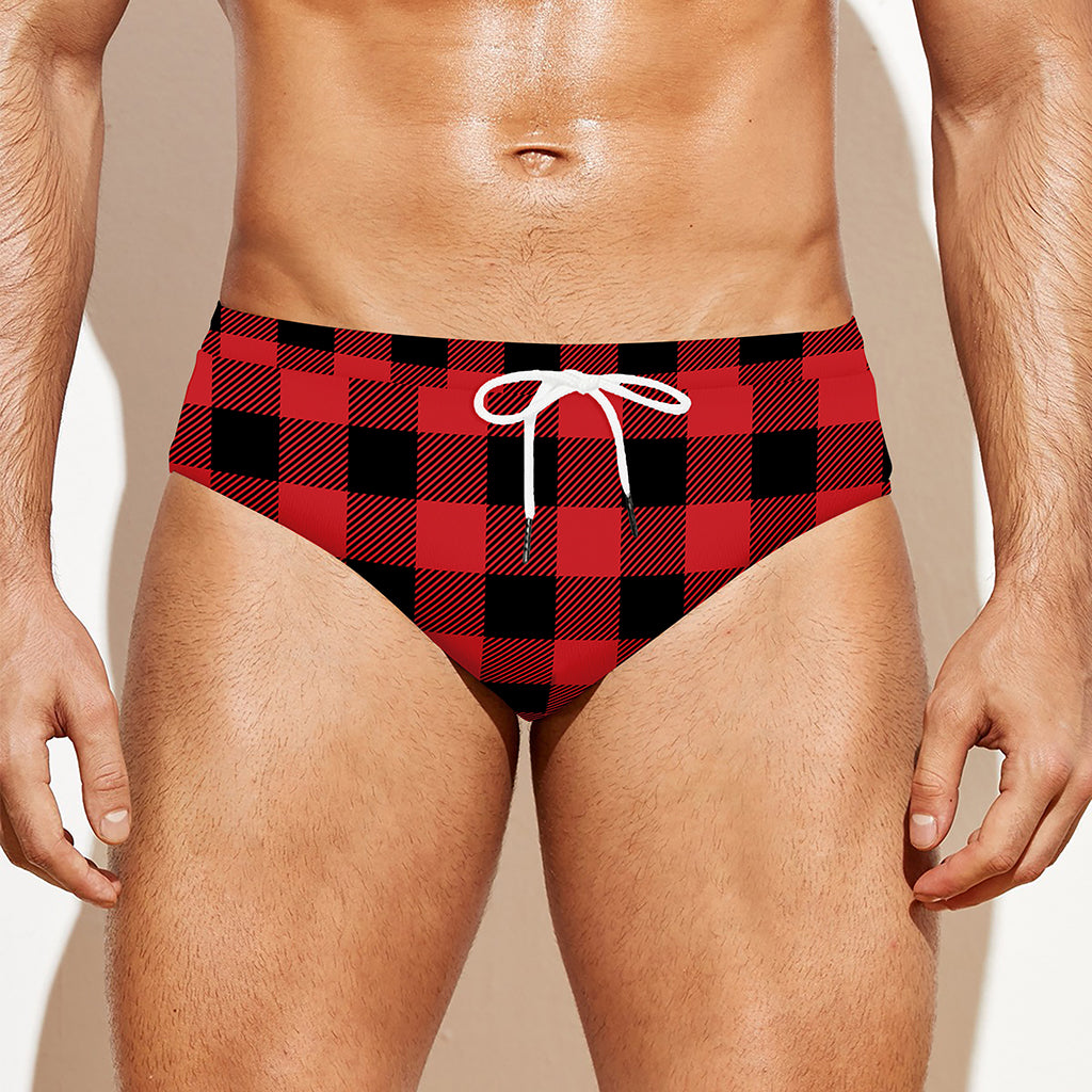 Red And Black Buffalo Check Print Men's Swim Briefs