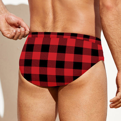 Red And Black Buffalo Check Print Men's Swim Briefs