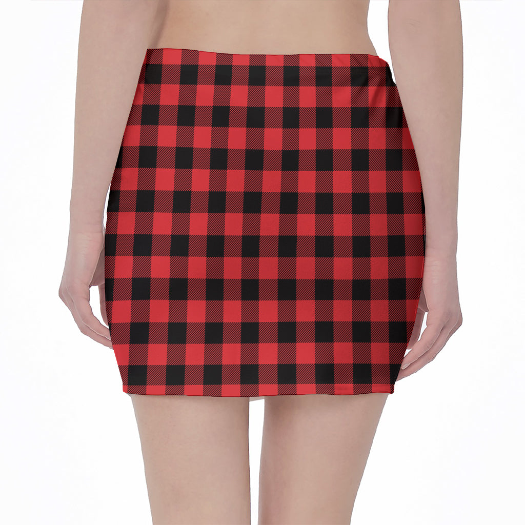 Red And Black Buffalo Check Print Pencil Mini Skirt