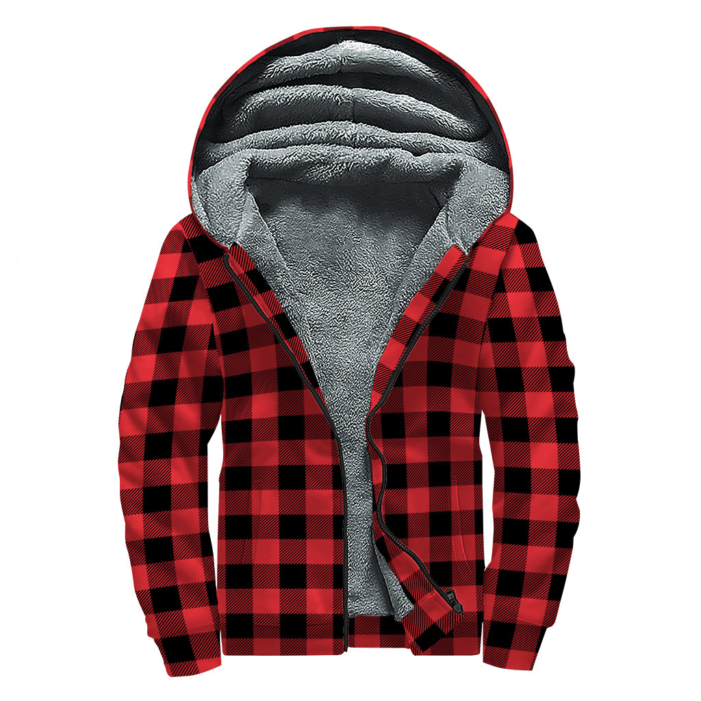 Red And Black Buffalo Check Print Sherpa Lined Zip Up Hoodie