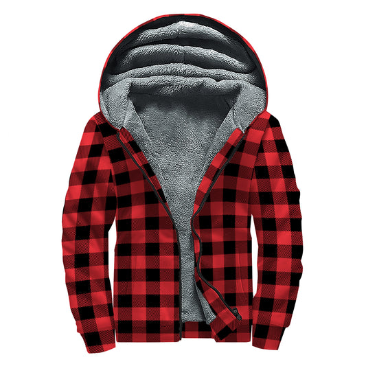 Red And Black Buffalo Check Print Sherpa Lined Zip Up Hoodie