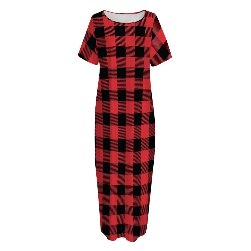 Red And Black Buffalo Check Print Short Sleeve Long Nightdress