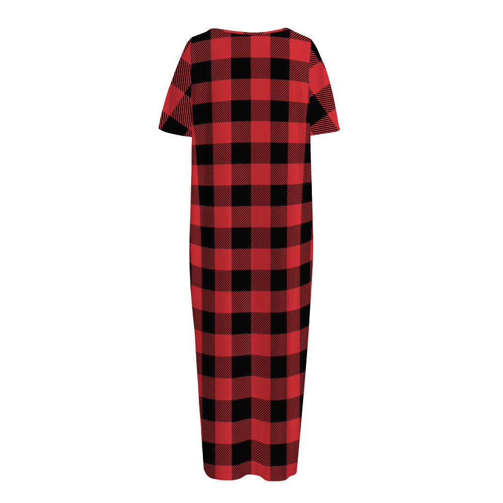 Red And Black Buffalo Check Print Short Sleeve Long Nightdress