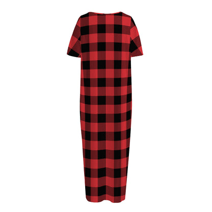 Red And Black Buffalo Check Print Short Sleeve Long Nightdress